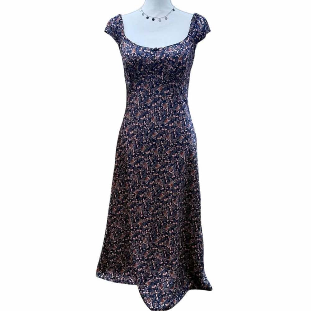 Treasure & Bond Floral Midi Dress Size XS Navy Cap Sleeve Cottagecore